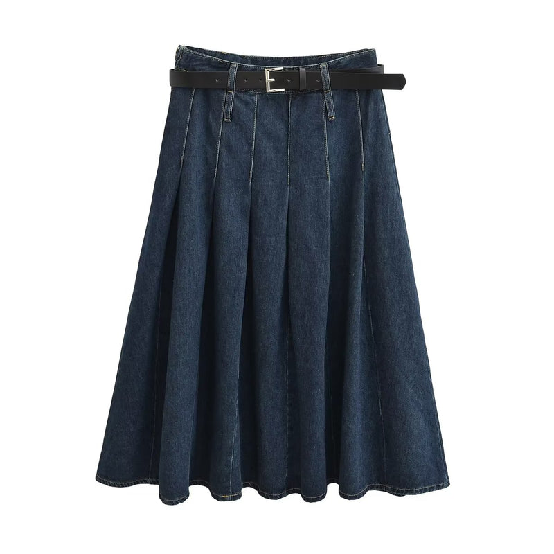 High Waist Stitching Long Pleated Skirt