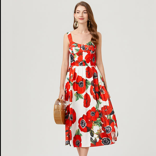 Sleeveless Floral A Line Elegant Dress