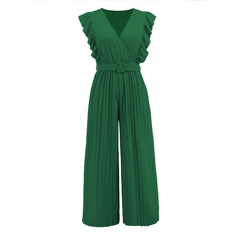 Dinazah Pleated V neck Wide Leg Jumpsuit