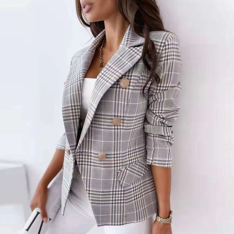 Dinazah Plaid Button Small Blazer Slim Collared Short Coat