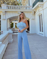 Dinazah Women Clothing Deep V Plunge Feather Jumpsuit Casual Trousers