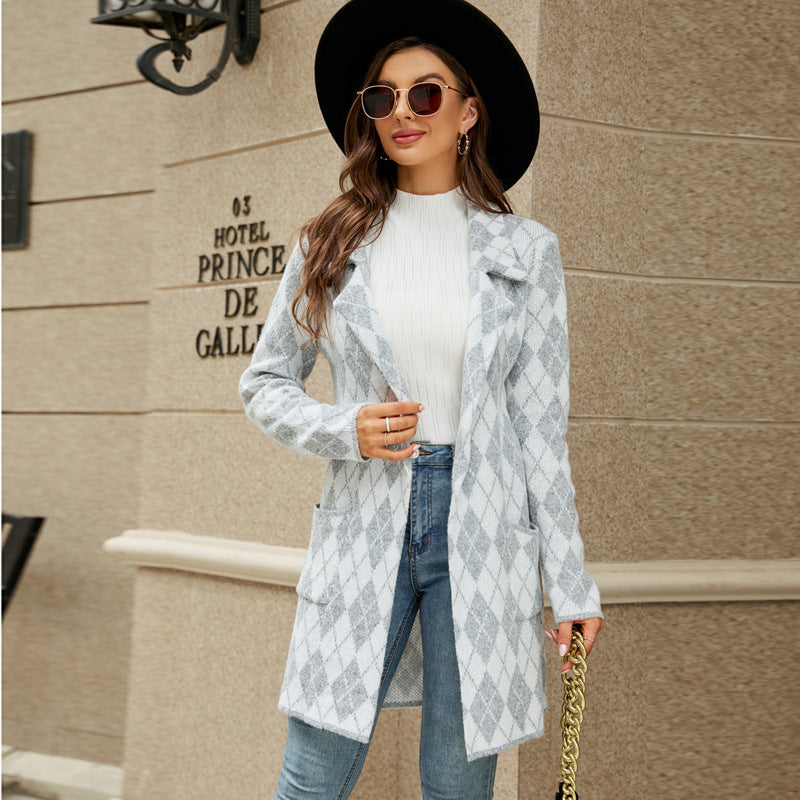 Dinazah Houndstooth Knitted Collar Trench Coat