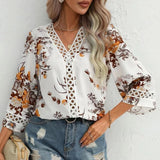 Lace Bell Sleeve V Neck Loose Printed Chiffon Shirt