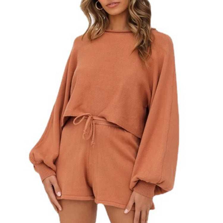 Dinazah Sleeve Sweater Shorts Solid Color Homewear Suit