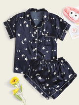 Dinazah Pajamas Suit Short Sleeve Elastic Satin