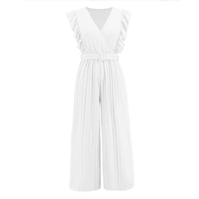 Dinazah Pleated V neck Wide Leg Jumpsuit