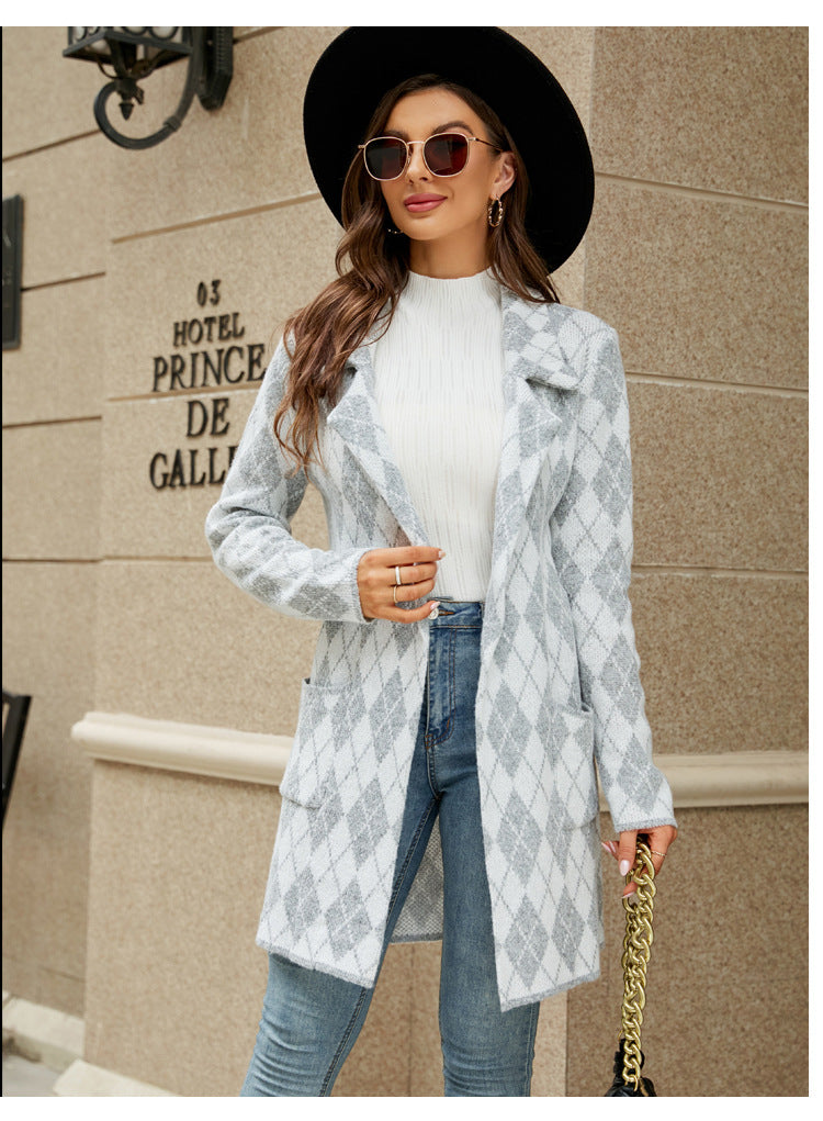 Dinazah Houndstooth Knitted Collar Trench Coat