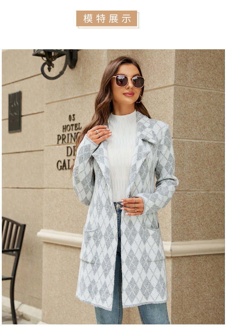 Dinazah Houndstooth Knitted Collar Trench Coat