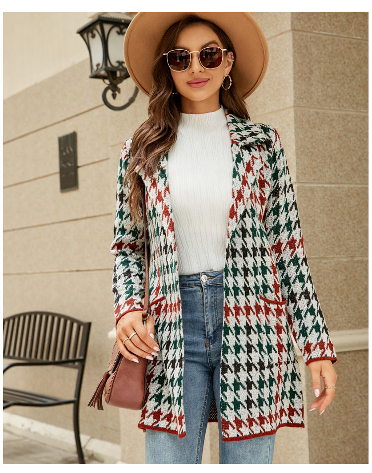 Dinazah Houndstooth Knitted Collar Trench Coat