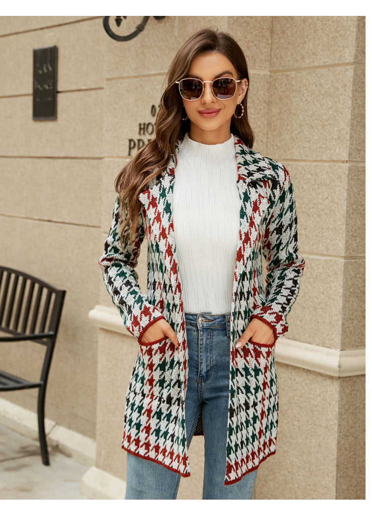 Dinazah Houndstooth Knitted Collar Trench Coat