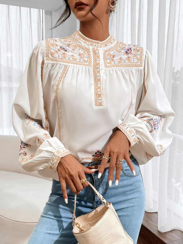 Dinazah Floral Embroidery Lantern Sleeve Blouses