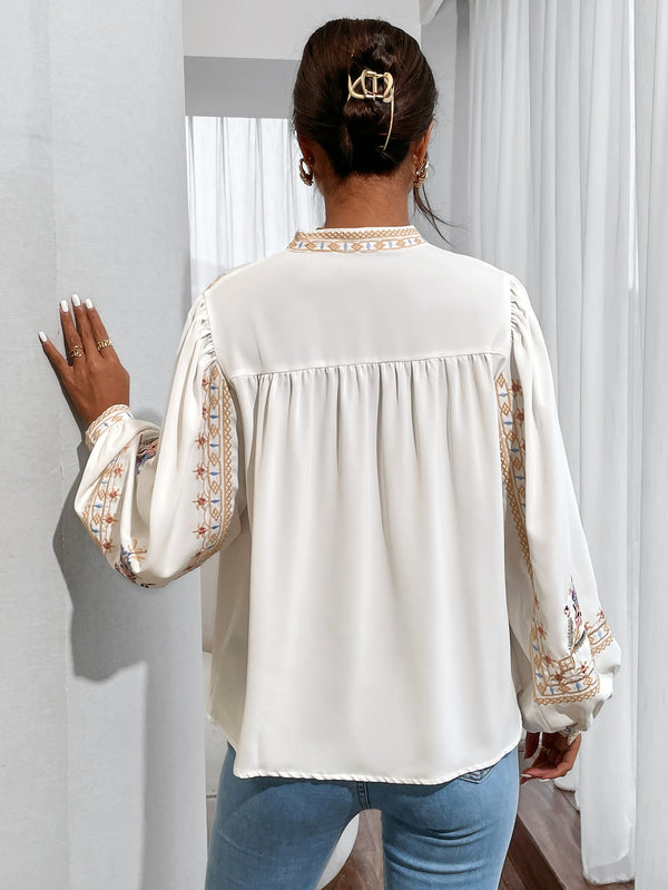 Dinazah Floral Embroidery Lantern Sleeve Blouses