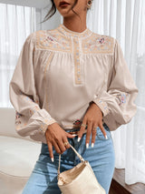 Dinazah Crew Neck Floral Embroidery Blouse