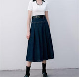 High Waist Stitching Long Pleated Skirt