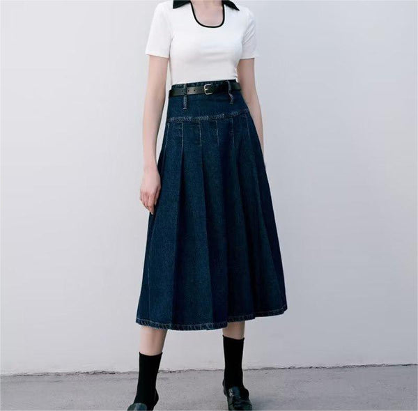 High Waist Stitching Long Pleated Skirt