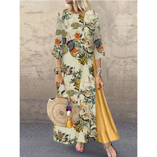 Dinazah Women Vintage Floral round Neck Stitching Plus Size Dress