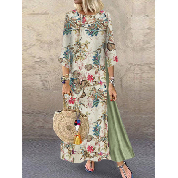 Dinazah Women Vintage Floral round Neck Stitching Plus Size Dress