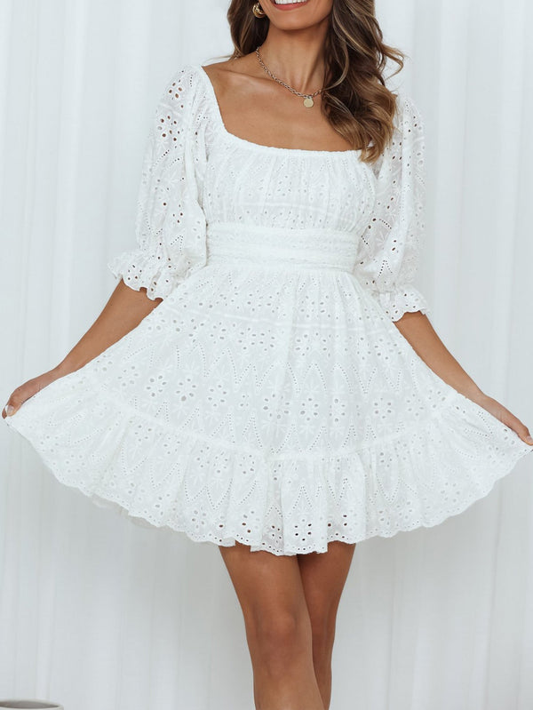 Dinazah Women Floral Cotton Lace Up Hollow Out Summer White Dress