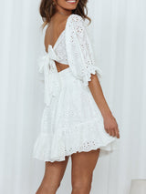 Dinazah Women Floral Cotton Lace Up Hollow Out Summer White Dress