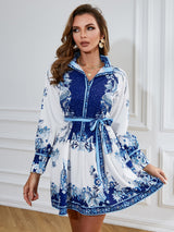 Dinazah Women Blue Flower Print Ruffle Long Sleeve V-Neck A-Line Belt Dress