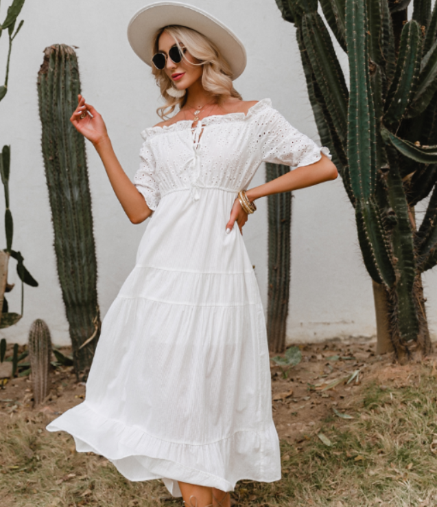 Dinazah Women Embroidered Off Shoulder White Pleated Maxi Dress