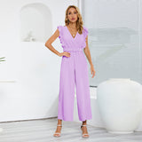 Dinazah Pleated V neck Wide Leg Jumpsuit