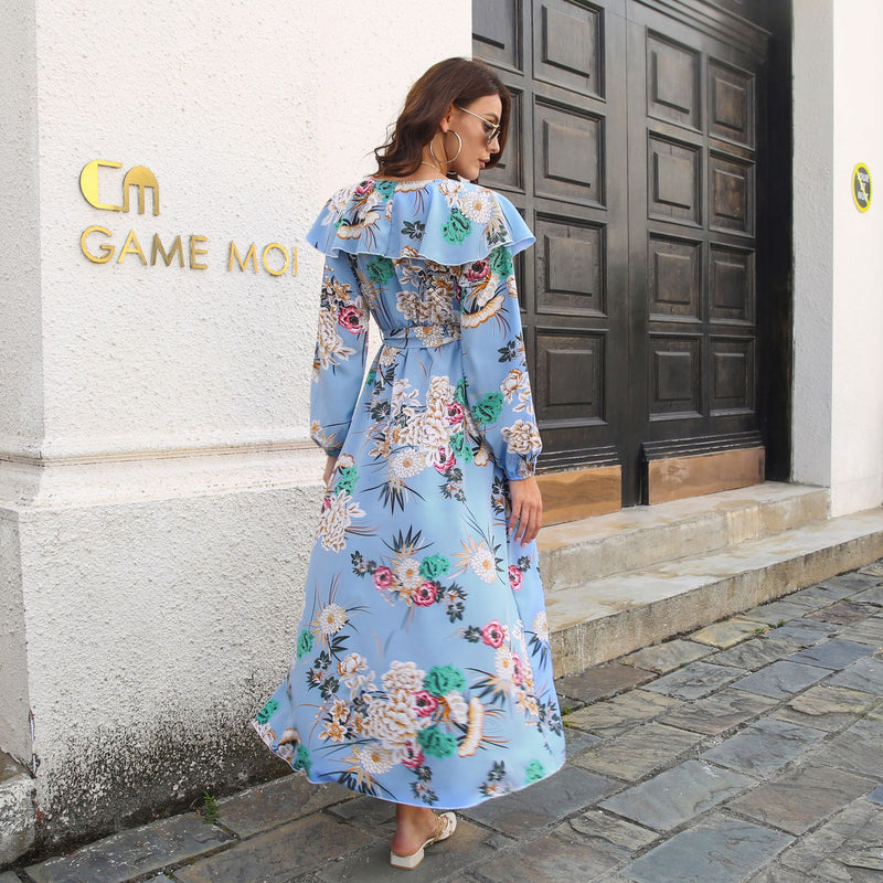 Dinazah Ruffled Collar Long Sleeve Floral Dress