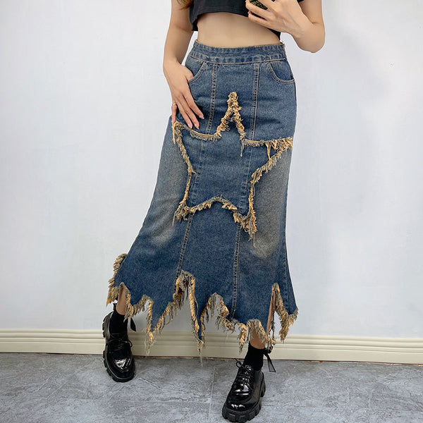 Retro High Waist Irregular Asymmetric Denim Skirt