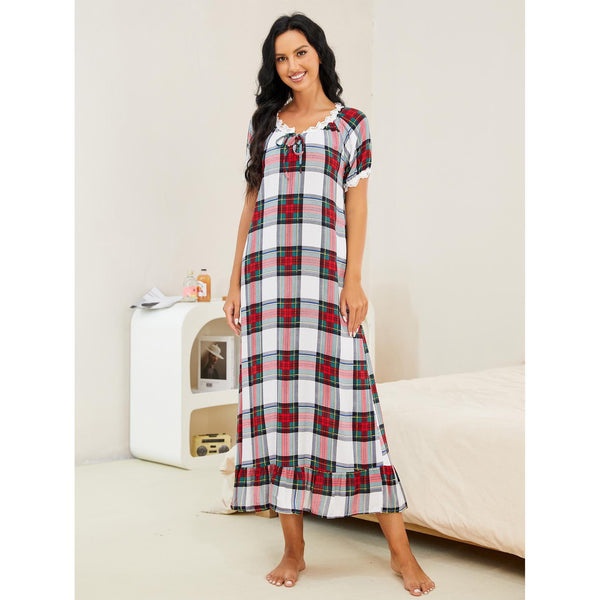 Dinazah Plaid Short-Sleeved Nightdress Women