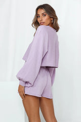 Dinazah Sleeve Sweater Shorts Solid Color Homewear Suit