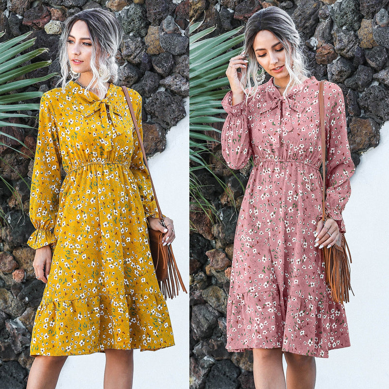 Dinazah Bow Collar Bell Sleeve Floral Dress