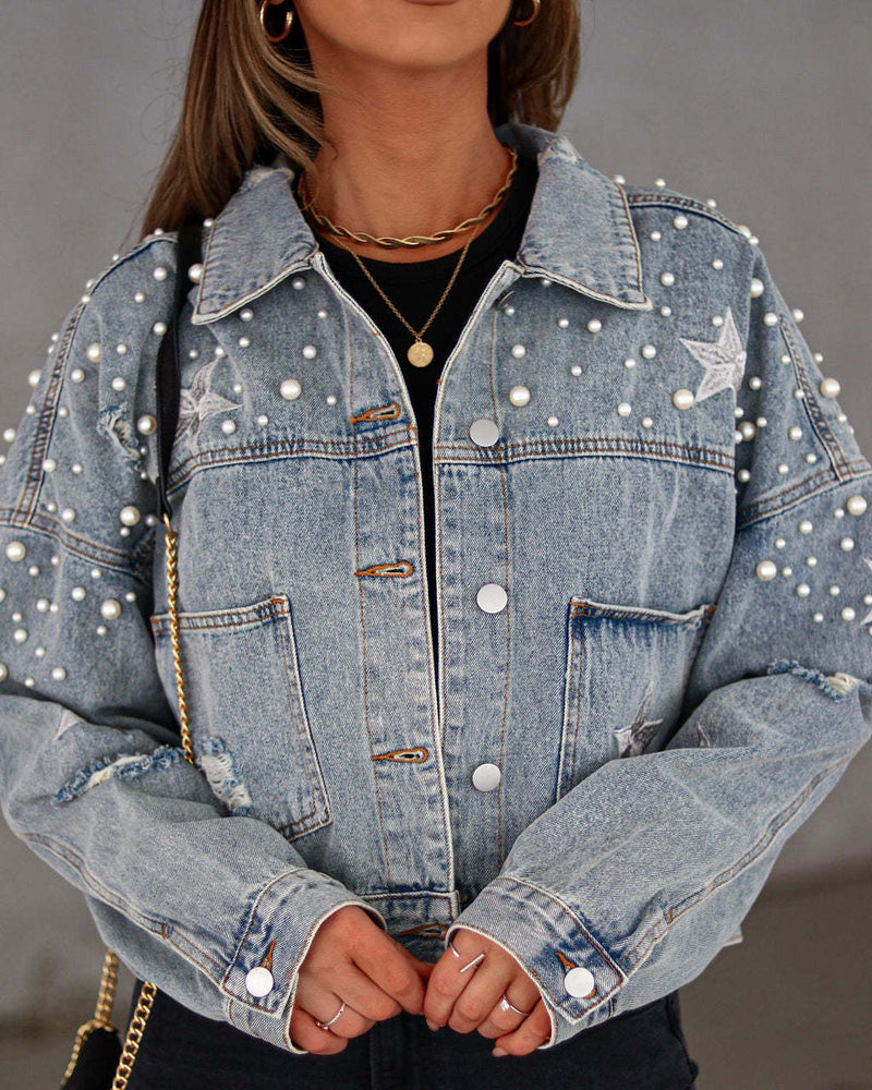 Dinazah Heavy Industry Beads Women's Loose Denim Jacket