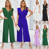 Dinazah Pleated V neck Wide Leg Jumpsuit