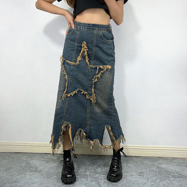 Retro High Waist Irregular Asymmetric Denim Skirt