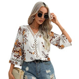 Lace Bell Sleeve V Neck Loose Printed Chiffon Shirt