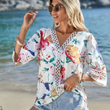 Lace Bell Sleeve V Neck Loose Printed Chiffon Shirt