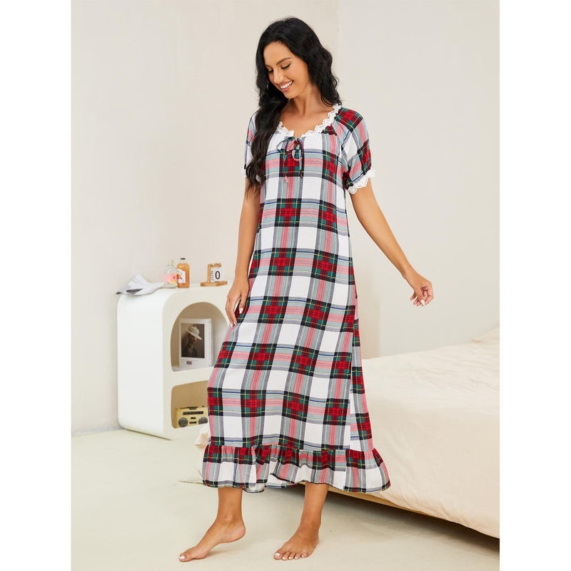 Dinazah Plaid Short-Sleeved Nightdress Women