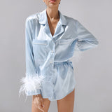 Dinazah Blue Feather Detachable Long Sleeve Shorts Pajamas