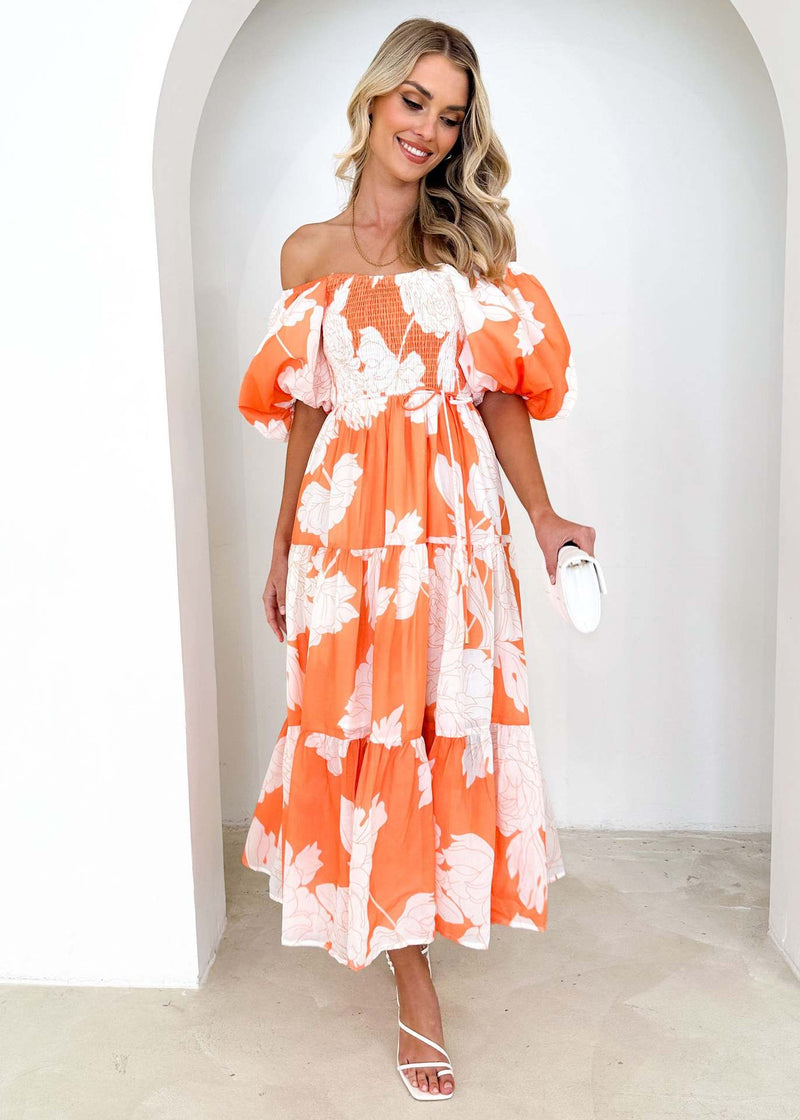 Floral Print off Shoulder Puff Sleeve Dress