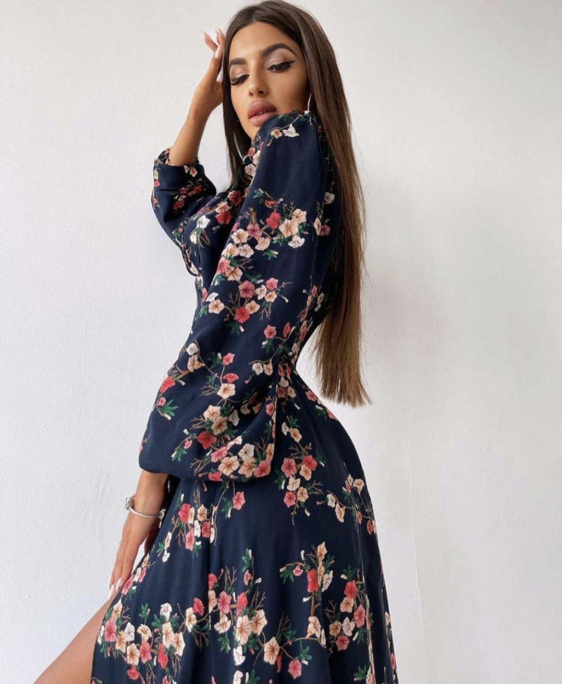 Dinazah Women Floral Square Collar Long Sleeve Dress