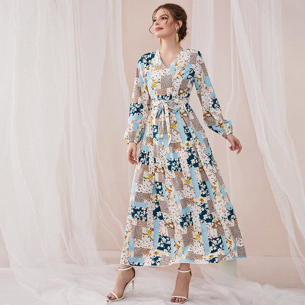 Dinazah V-neck Long Sleeve Floral Print Dress