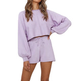 Dinazah Sleeve Sweater Shorts Solid Color Homewear Suit