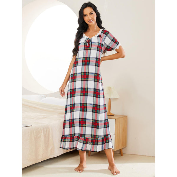 Dinazah Plaid Short-Sleeved Nightdress Women