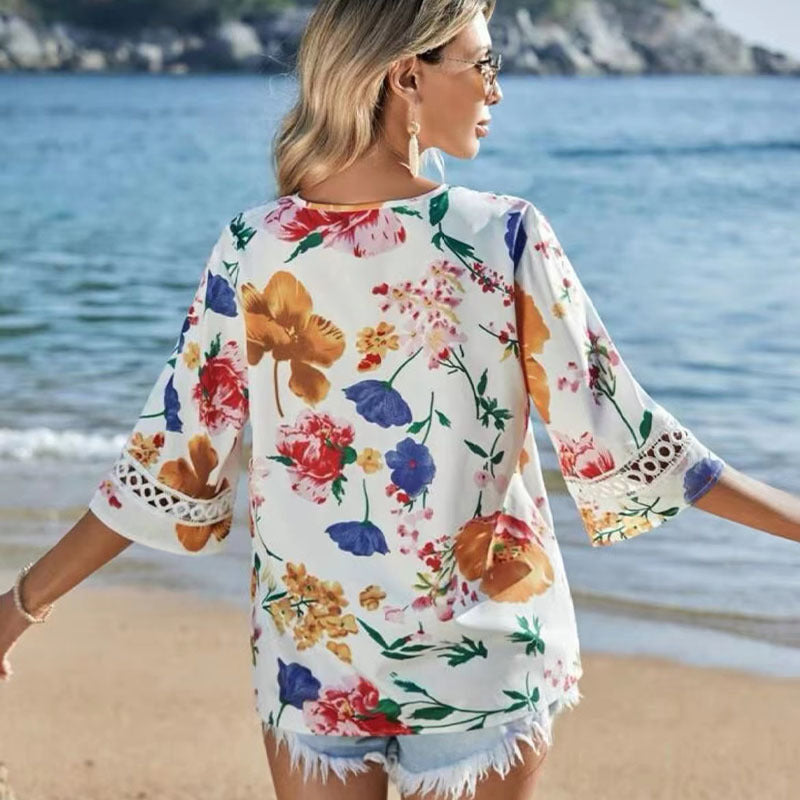 Lace Bell Sleeve V Neck Loose Printed Chiffon Shirt