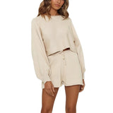 Dinazah Sleeve Sweater Shorts Solid Color Homewear Suit