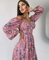 Dinazah Women Floral Square Collar Long Sleeve Dress