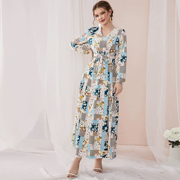 Dinazah V-neck Long Sleeve Floral Print Dress